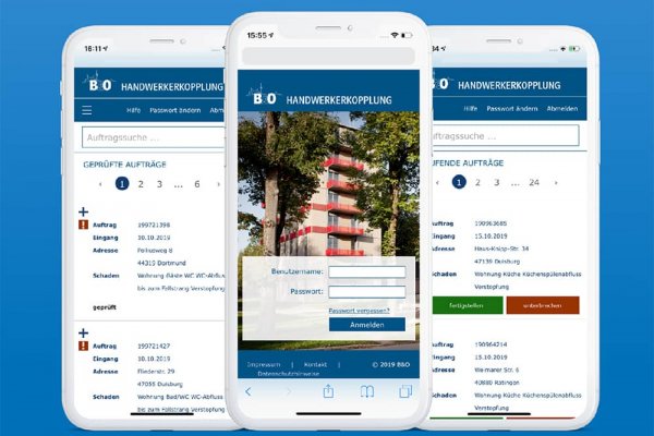3 Smartphone Screenshots der B&O Auftragsvergabe- und -verwaltungsapp zeigen Auftragssuche, laufende Aufträge und Anmeldemaske