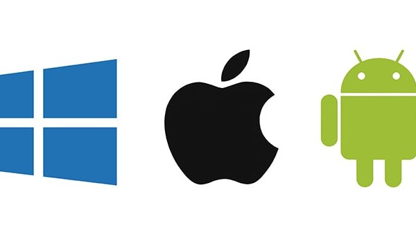 Logos Windows, Apple und Android im Rahmen der nativen, hybriden, Crooss-Plattform und Web-Apps
