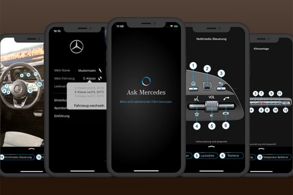 5 Smartphone Screenshots der Daimler Ask Mercedes-App zeigen Konfigurationen, Erklärungspunkte und Benachrichtigungen