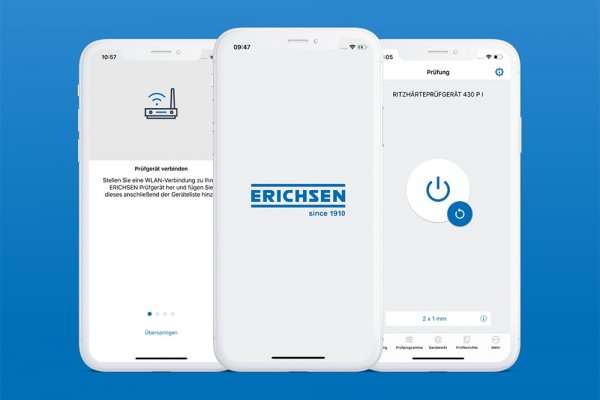 3 Smartphone Screenshots der Erichsen Ritzhaertepruefgeraet-App zeigen die Prüfung und Konfiguration der Geräte
