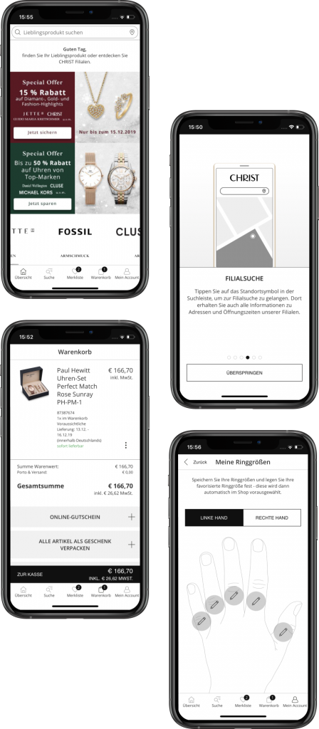 CHRIST Mobile Shopping App; vier Screens