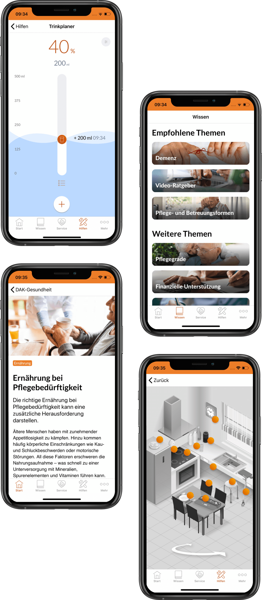 DAK Pflege-App, vier Screenshots