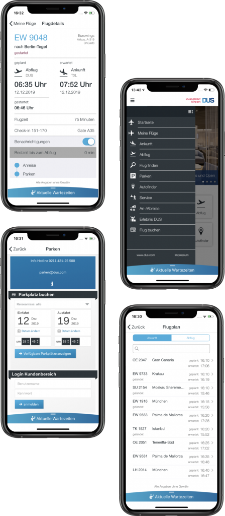 Flughafen Düsseldorf DUS-App; vier Screens