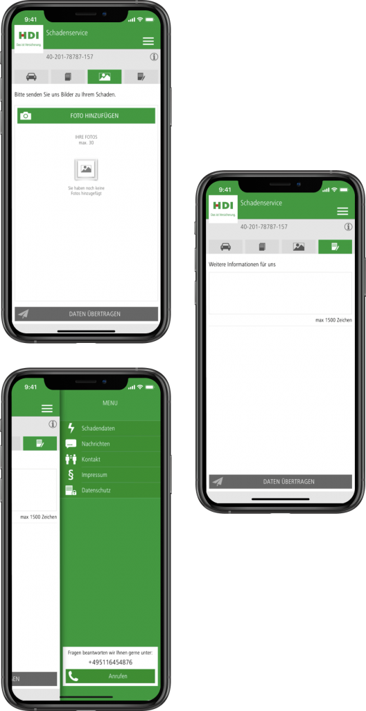 HDI hilft-App, drei Screenshots