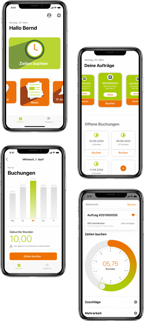 Regionetz Zeiterfassung-App; vier Screens