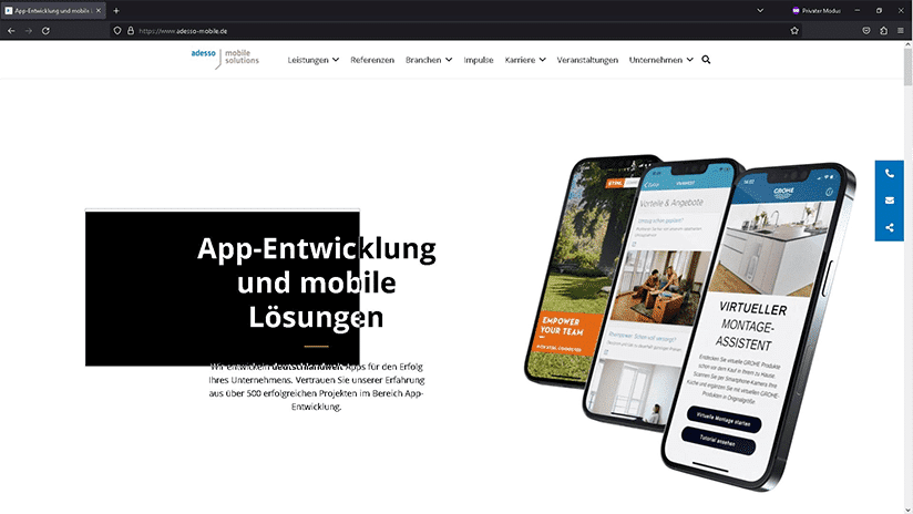 Screenshot der Startseite von adesso-mobile.de, wobei ein Ausschnitt leicht vergrößert ist und mit invertierten Farben dargestellt wird